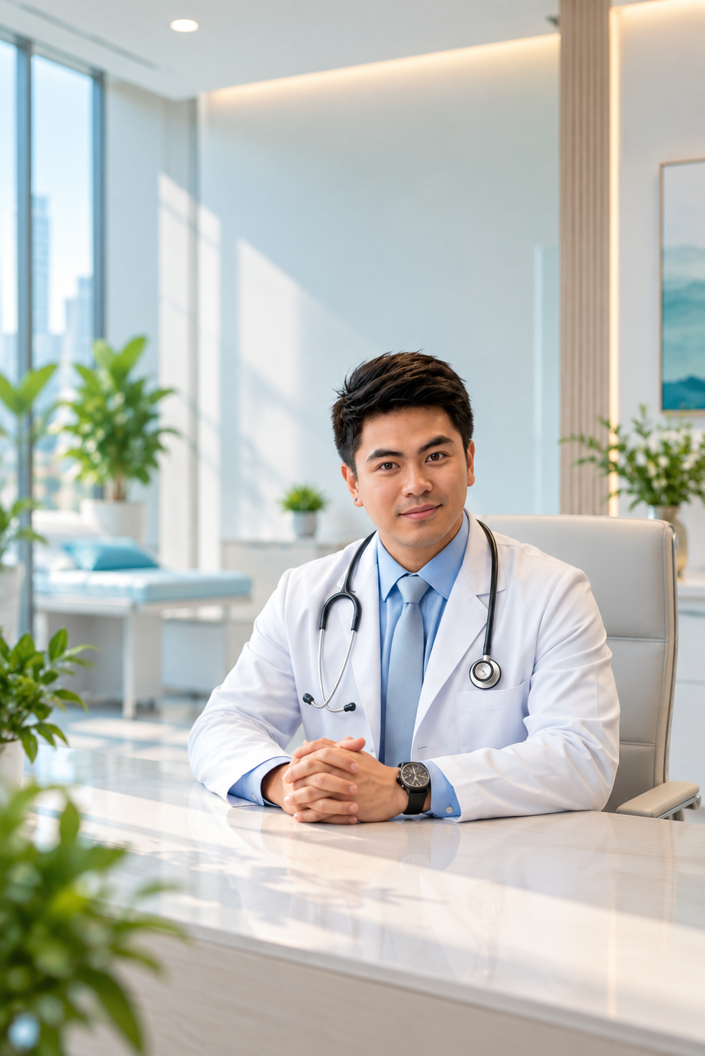 Dr. Aaron Garcia seated in his bright private clinic